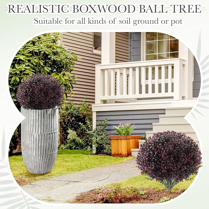 Yunlly 2 Pack 18" Artificial Boxwood Ball Bush Topiary Trees Fake Outdoor Plants, Realistic UV Resistance Faux Shrubs with Spike Greenery Topiary for Front Porch Garden Yard Patio Indoor (Dark Purple)-VerdiqueGarden