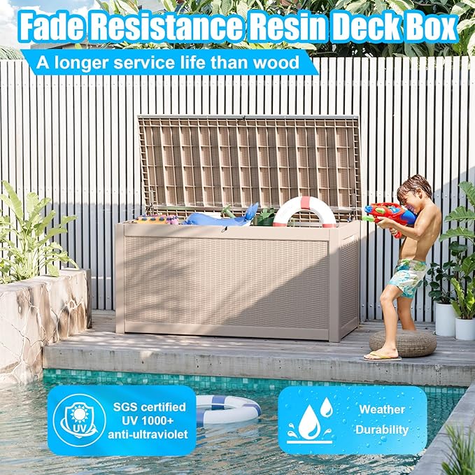 260 Gallon Large Resin Deck Box, Lockable Outdoor Storage Box for Patio Cushions Storage Furniture,Garden Tools, Pool Supplies, Weatherproof and UV Resistant- Grey Rattan (260 Gallon)-VerdiqueGarden