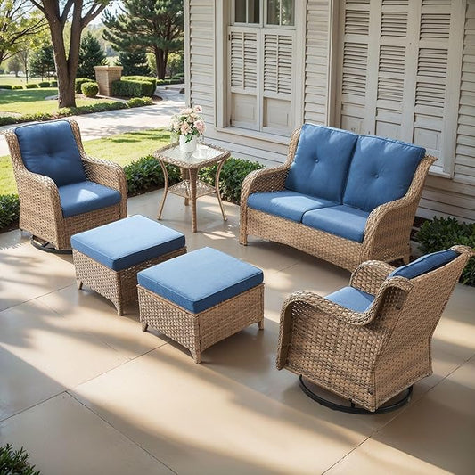 Outdoor Wicker Patio Furniture Set - 6 Piece Rattan Patio Conversation Set with 2 Rocking Swivel Chairs,2 Ottomans,1 Loveseat and 1 Side Table for Porch Deck Backyard Garden(Yellow/Blue)-VerdiqueGarden