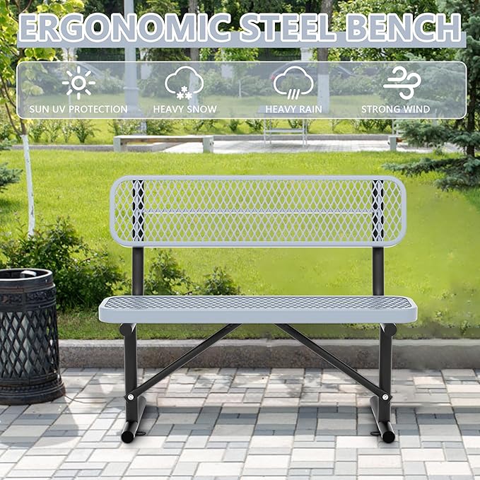 Heavy Duty Park Bench with Back Portable Frame, Outdoor Steel Bench with Backrest, Outdoor Park Bench Expanded Metal Mesh Bench for Lawn, Park, Deck, Garden, Patio, Porch, Black (Gray, 4FT)-VerdiqueGarden