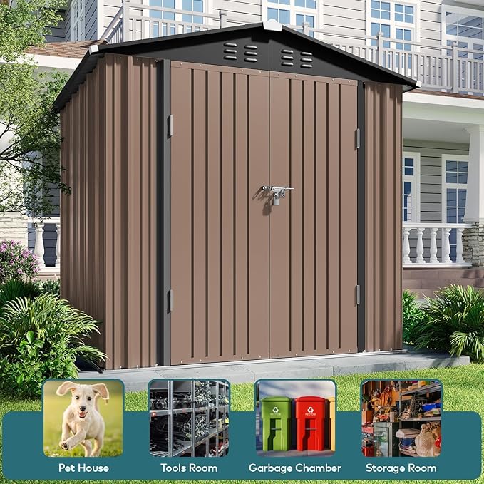 Gizoon Outdoor Storage Shed 6 x 4 FT, Galvanized Metal Garden Shed with Double Lockable Doors, Outdoor Storage Clearance for Backyard Patio Lawn-Light Brown-VerdiqueGarden