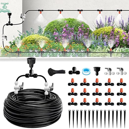 Mist Drip Irrigation System for Garden Watering 60FT, 1/2" & 1/4" Quick-Connect Micro Misting kit for Greenhouse, Plant, Lawn, Raised Bed, Vegetable, Flower. Hanging or Inground Misters Sprinkler