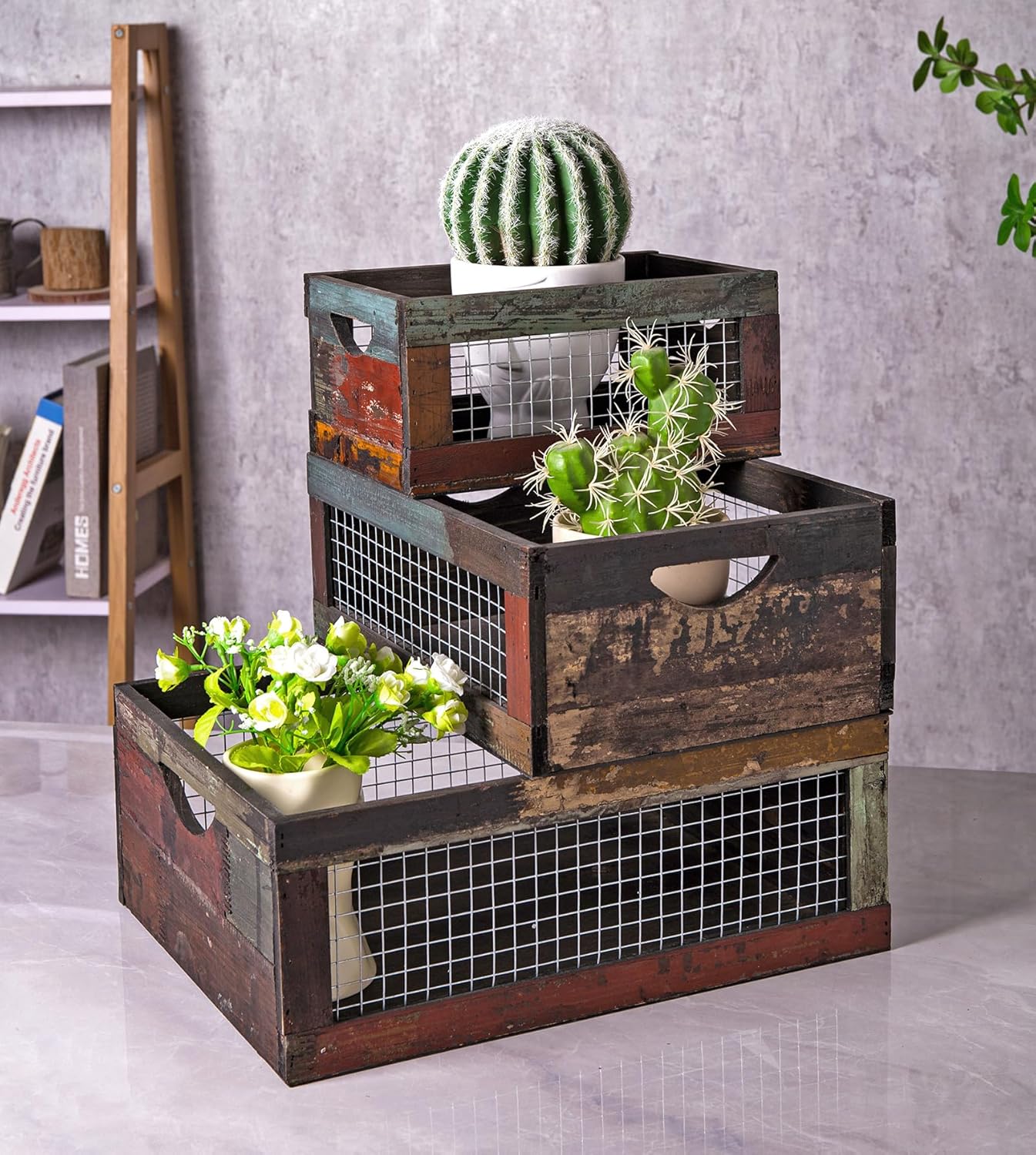 TIMRIS Set of 3 Rustic Wood Nesting Crates, Farmhouse Distressed Wooden Storage Boxes, Decorative Reclaimed Wood Organizer Baskets with Wire Mesh (Random)-VerdiqueGarden