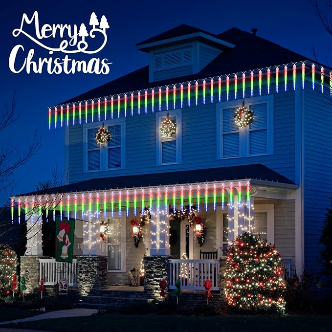 Icicle Lights Outdoor, 10 Ft Meteor Shower Lights with 10 Ice Shaped Tube, Snowfall Shooting Star Light Effect, Falling Crystal Christmas Decorations for House Eave Roofline Patio, Multicolor-VerdiqueGarden