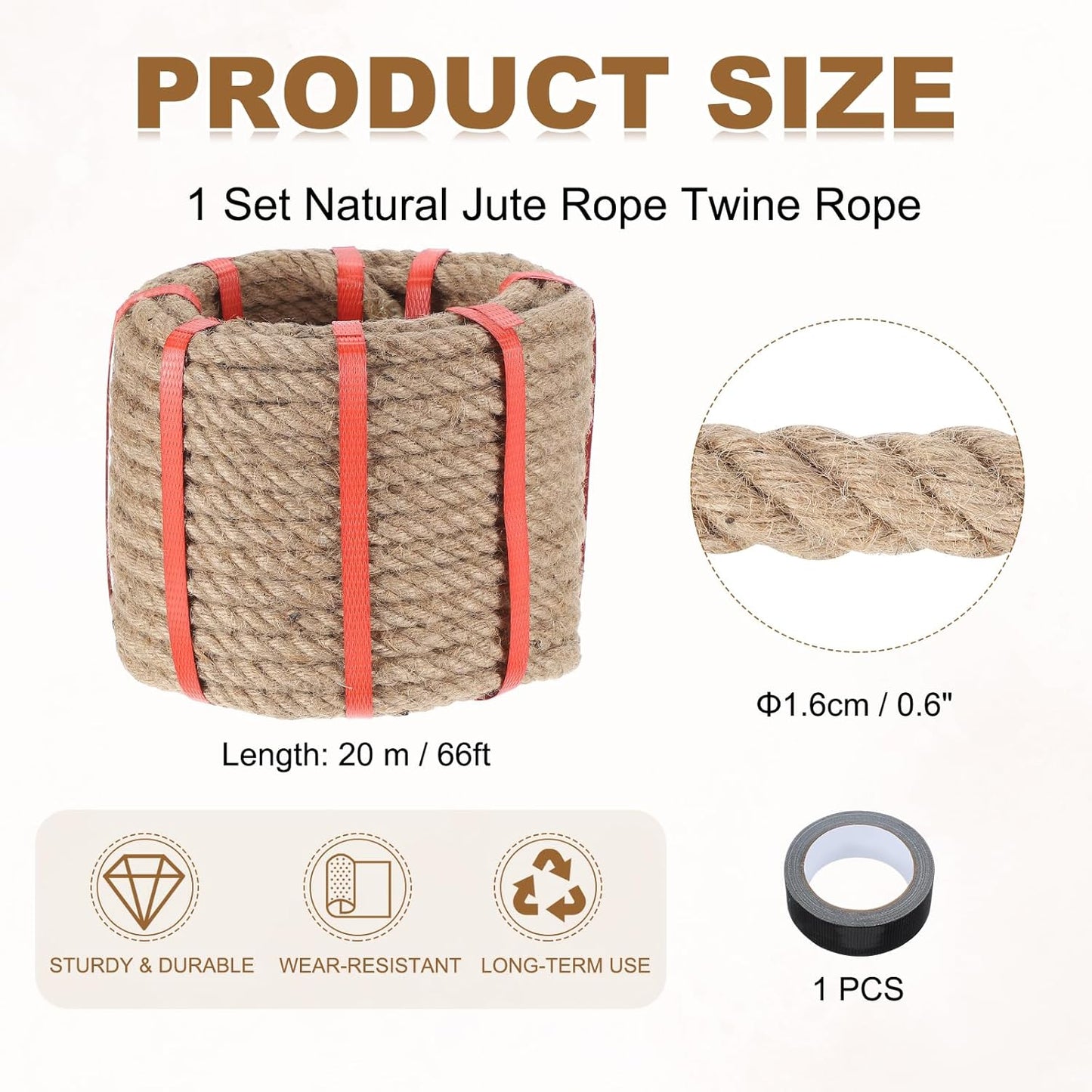 MECCANIXITY Jute Rope 0.6 Inch x 66ft, Thick Twine Rope Ropes Braided Jute Twine Natural Brown Burlap Cord String Heavy Twisted with Tape for Decorative Crafts Railing Swing Tug of War-VerdiqueGarden
