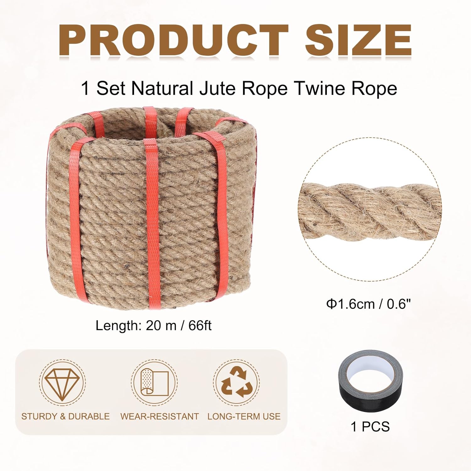 MECCANIXITY Jute Rope 0.6 Inch x 66ft, Thick Twine Rope Ropes Braided Jute Twine Natural Brown Burlap Cord String Heavy Twisted with Tape for Decorative Crafts Railing Swing Tug of War-VerdiqueGarden
