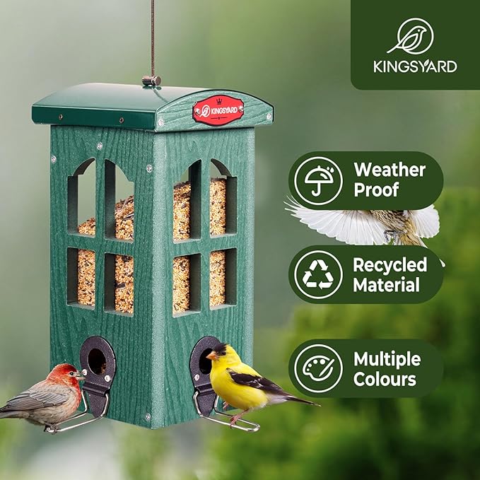 Kingsyard Upgraded Rainproof Bird Feeder for Outdoor Hanging - Metal Feeding Port, Recycled Plastic Wild Bird Feeder with Metal Mesh Tray for Goldfinch Small Bird, Garden Yard Decoration, Green-VerdiqueGarden