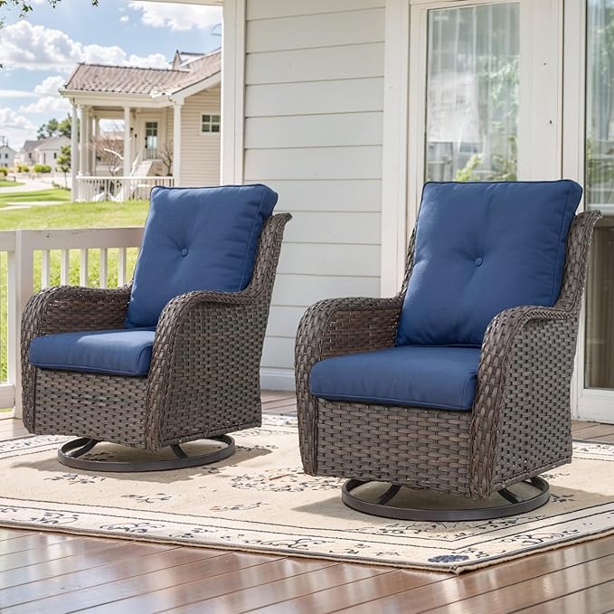 Outdoor Swivel Rcoker Patio Chairs - Outdoor Swivel Patio Chairs Set of 2 Wicker Chair Patio Furniture Sets with Covered Cushion for Porch Deck Balcony Garden, Blue-VerdiqueGarden
