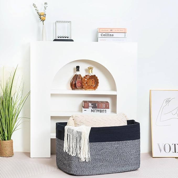 MINTWOOD Design 22in Extra Large Blanket Basket Holder for Living Room, Rectangle Rope Woven Storage Bin with Handles for Laundry, Pool Towels, and Shoes, Dog Toy Box Organizer, Navy Blue-VerdiqueGarden