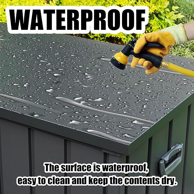 Domi Outdoor Deck Box 100 Gallon, Waterproof Lockable Steel Outdoor Storage Container with Resin Lid for Outside Cushions, Garden Tools and Pools Equipment (Gray)-VerdiqueGarden