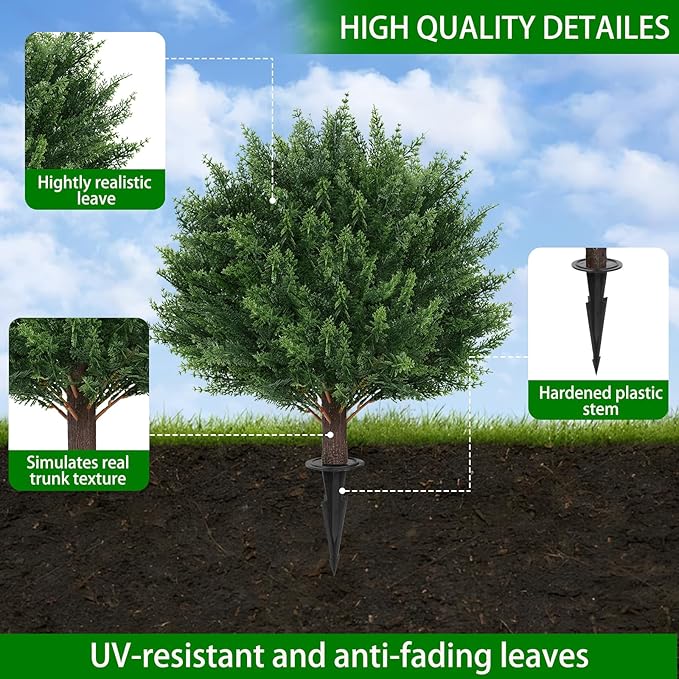Artificial Set of 2 Cedar Topiary Ball Trees 16" for Outdoors with Ground Spike, UV Resistant Faux Cypress Plants, Evergreen Shrubs Bushes for Front Porch Garden Backyard Decor-VerdiqueGarden