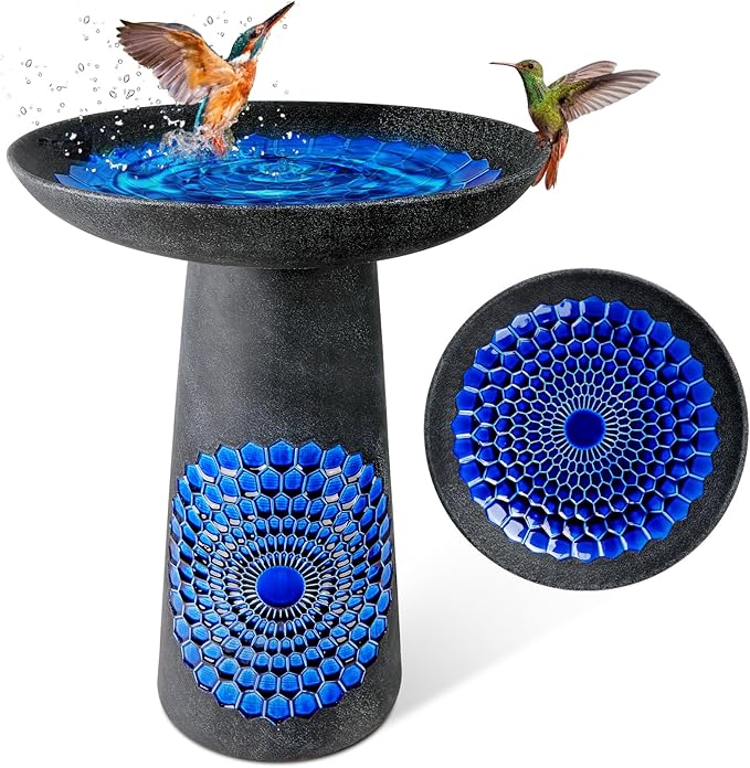 21.5'' Tall Ceramic Bird Bath for Outdoor, Heavy Duty - Cold-Weather Resistant Bird Bath, Garden and Patio Décor - Diamond Blue-VerdiqueGarden