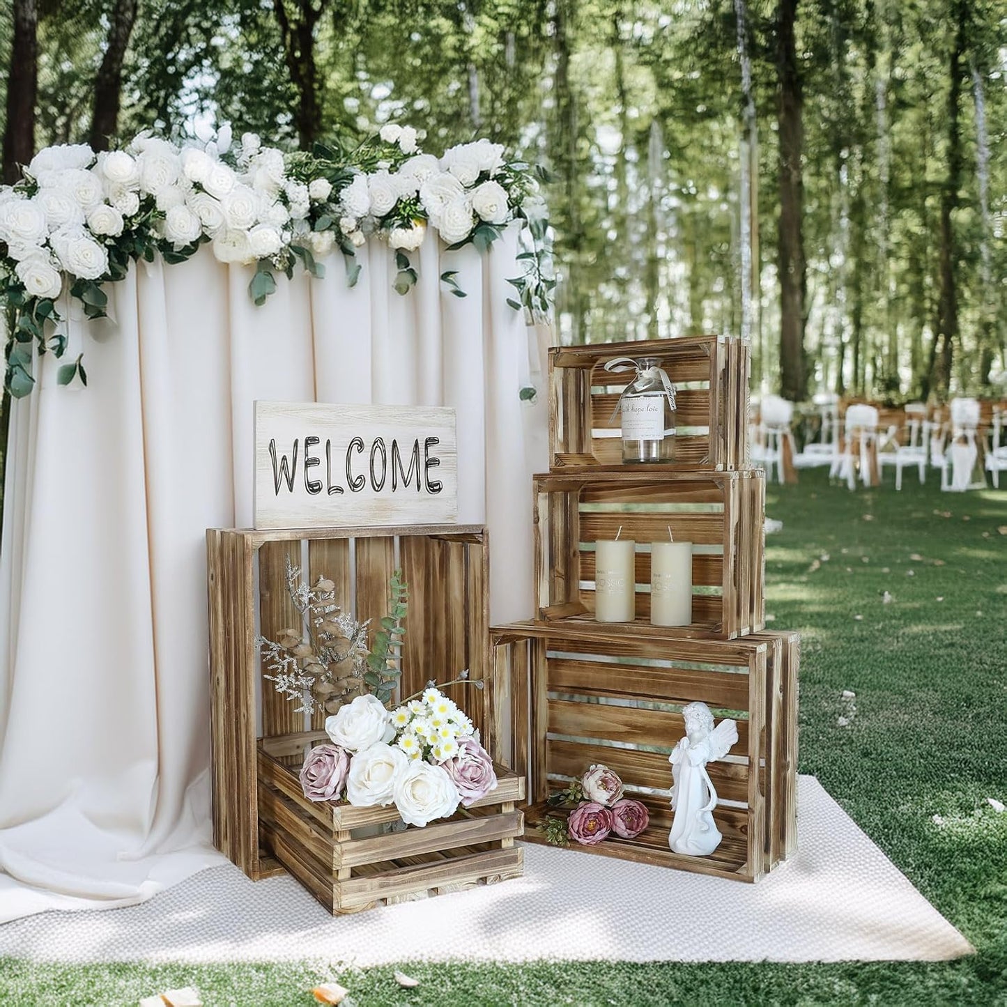 5-Piece Farmhouse Wooden Crate Set - Rustic Wooden Crates for Display and Storage, Large Torched Decorative Crates, Farmhouse Apple Crates, Painted Wood Crates for Decor-VerdiqueGarden