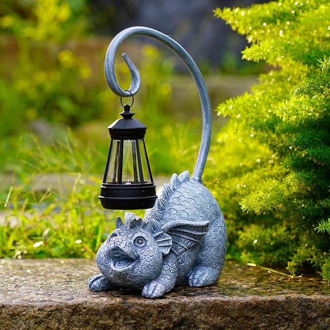 Baby Dragon Statue with Solar Lantern - Dragon Garden Decor and Housewarming Gifts for Mom, Women - Outdoor Dragon Gifts for Yard-VerdiqueGarden
