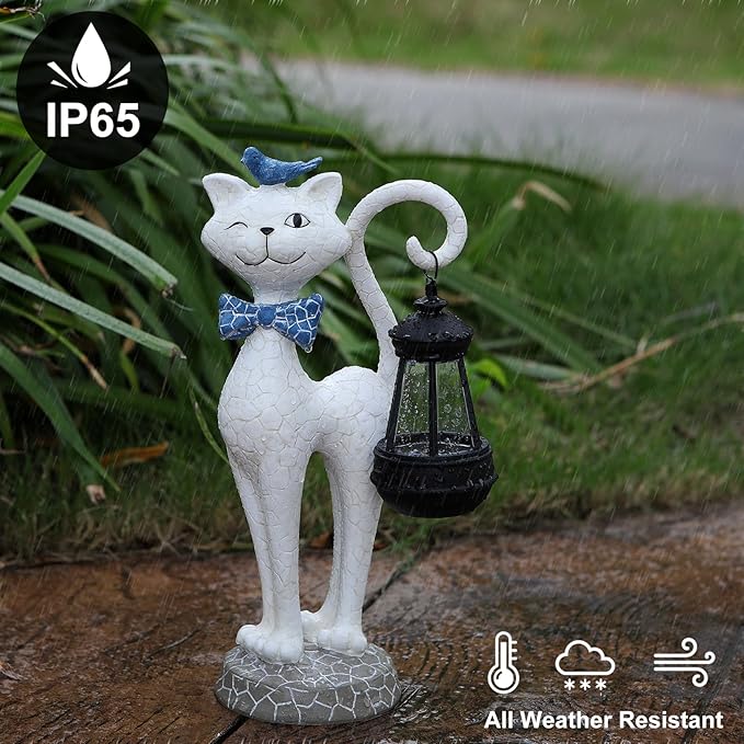 Solar Outdoor Garden Statues Light,Cat Figurines with Cute Birds Garden Sculpture Decor, Unique Christmas Gifts for Women, Men or Daughter, Housewarming Gifts and Yard Decoration-VerdiqueGarden