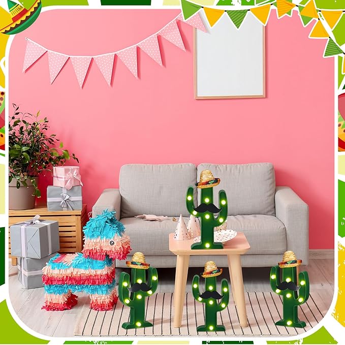 12 Pcs Cinco de Mayo LED Cactus Light with Mini Sombrero Straw Hats and Fake Beard Cinco De Mayo Table Decor Mexican Party Supplies for Table Room Bedroom Party Decoration (4.72 x 2.76 Inch)-VerdiqueGarden