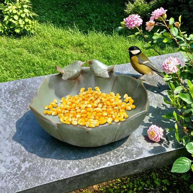 Bird Bath for Outside on Ground, 10 in Ceramic Birds Bath Bowl, Handmade Ground Bird Feeders and birdbath for Outdoors for Outdoors, Garden, Tabletop, Balcony and Lawn (Big - shallow)-VerdiqueGarden