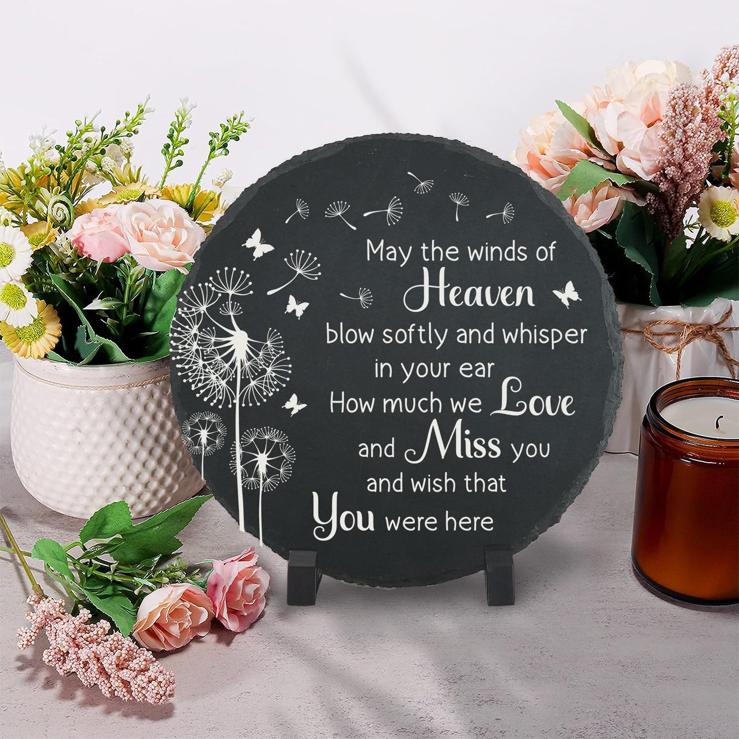 Memorial Garden Slate Stone, Memorial Plaque Sympathy Gifts for Loss of Loved One, Dandelion Memorial Gifts for Loss of Father, Mother, Brother, Son, Husband Stones TNA16-VerdiqueGarden
