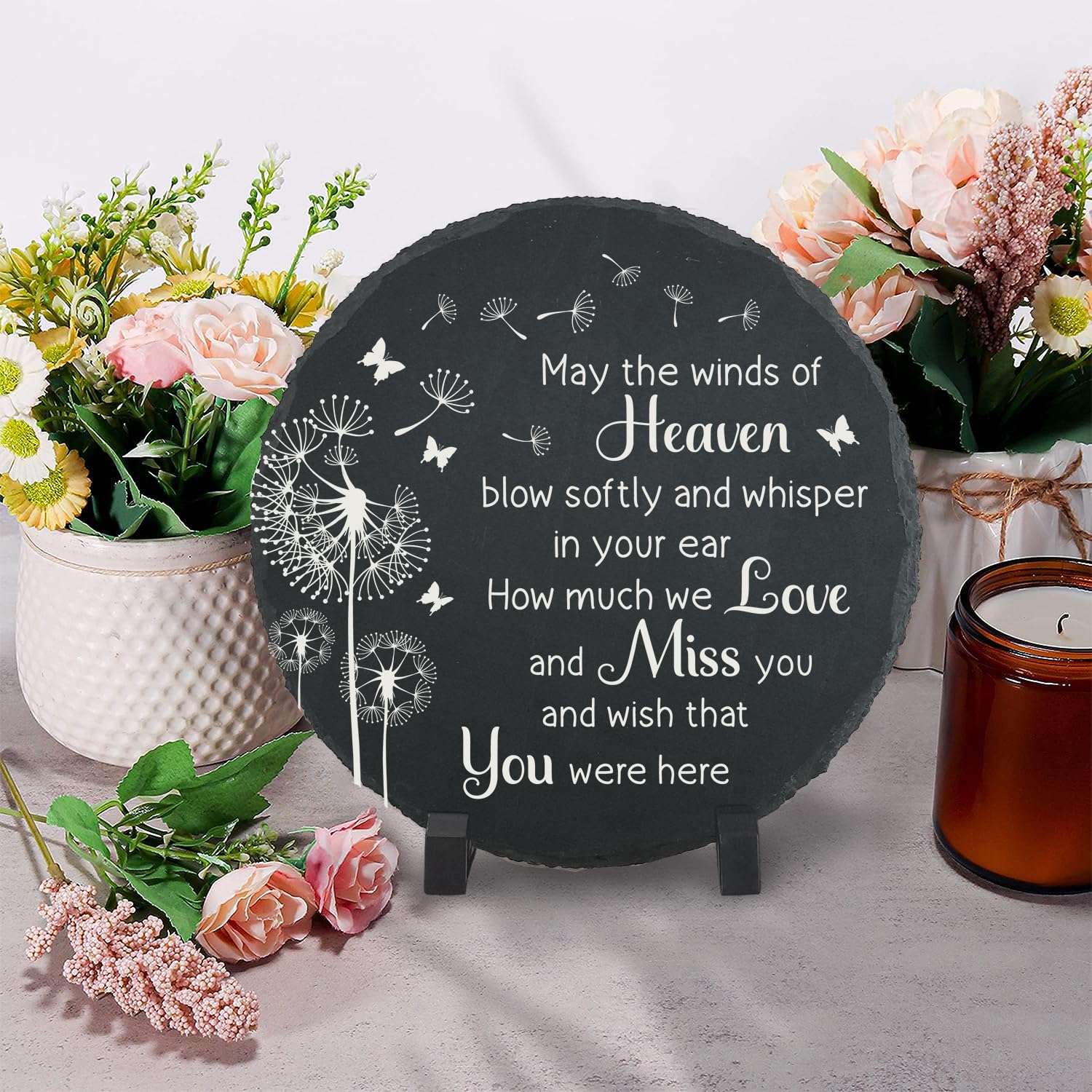 Memorial Garden Slate Stone, Memorial Plaque Sympathy Gifts for Loss of Loved One, Dandelion Memorial Gifts for Loss of Father, Mother, Brother, Son, Husband Stones TNA16-VerdiqueGarden
