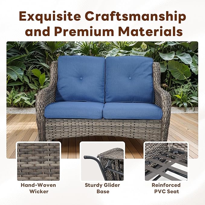 Outdoor Patio Furniture Set - 7 Piece Gray Wicker Conversation Patio Furniture Set All Weather Swivel Chairs with Ottoman and Loveseat Glider Chair for Deck Balcony Backyard-VerdiqueGarden