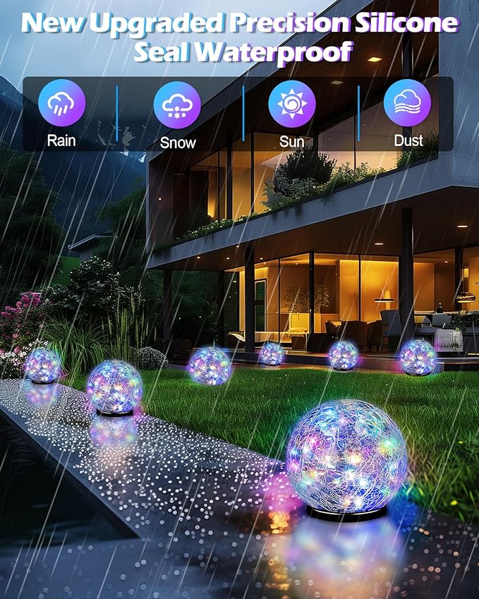Garden Solar Ball Lights Outdoor Waterproof, 80 LED Cracked Glass Globe Solar Power Ground Lights for Path Yard Patio Lawn, Outdoor Decoration Landscape Colorful(2 Pack 5.9'')-VerdiqueGarden