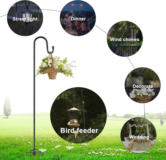 Bird Feeder Pole, 62 Inch & 5/8 Inch Diameter Stainless Steel Heavy Duty Shepherds Hooks for Outdoor to Hang Outdoor Lights with 5 Prongs Base, Rustproof for Garden Decor or Wedding Decors(Black)-VerdiqueGarden