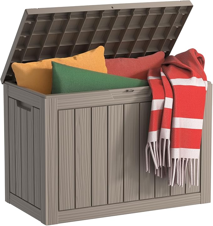 DRATO 45 Gallon Deck Box, Outdoor Storage Box for Patio Furniture, Patio Cushions, Gardening Tools, Pool Supplies 480lbs Weight Capacity,Waterproof Resin Storage Boxes (Light Brown, 45Gal)-VerdiqueGarden