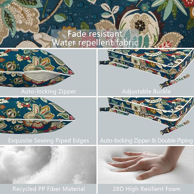 LVTXIII Outdoor/Indoor Deep Seat Cushion Patio Seat and Back Cushion Set All-Weather Replacement Chair Cushion for Wicker Chairs and Garden Furniture Decoration, 24"x24"x4", Peacock Blue-VerdiqueGarden