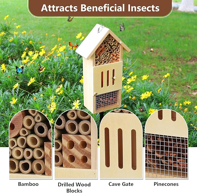 Wooden Insect House, Bee House with Metal Stake for Gardens, Insect Hotel & Butterfly Hotel on The Ground or Hanging on Tree Wall, Natural Insect Habitat for Bee, Butterfly, Ladybirds, Bugs-VerdiqueGarden