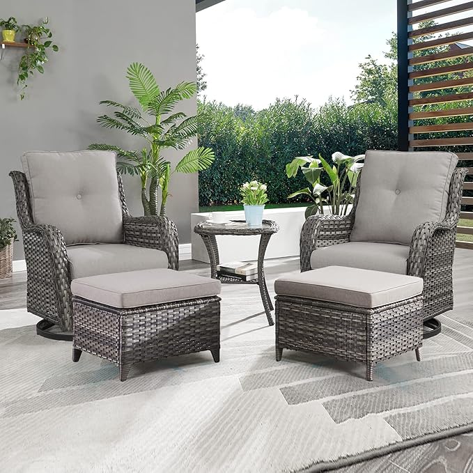 Outdoor Wicker Patio Furniture Set - 5 Pieces Rattan Patio Conversation Set with 2 Rocking Swivel Chairs,2 Ottomans and 1 Side Table for Porch Deck Backyard Garden(Mixed Grey/Grey)-VerdiqueGarden
