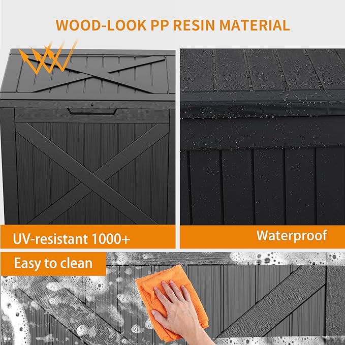 38 Gallon Outdoor Deck Box,Storage Lockable Waterproof Patio Furniture,Garden Tools,Cushions,Pool Accessories Outside Storage Resin Box(BlackX)-VerdiqueGarden