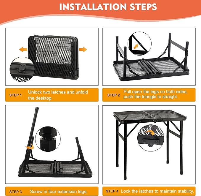 Camping Table with Mesh Desktop, Lightweight & Portable Folding Grill Table, Height Adjustable Metal Outdoor Table for Camp, Cooking, BBQ, RV, Picnic-4 FT Black-VerdiqueGarden