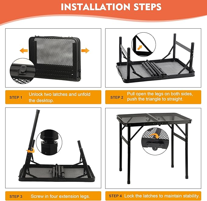Camping Table with Mesh Desktop, Lightweight & Portable Small Folding Grill Table, Height Adjustable Metal Outdoor Table for Camp, Cooking, BBQ, RV, Picnic-2 FT Black-VerdiqueGarden