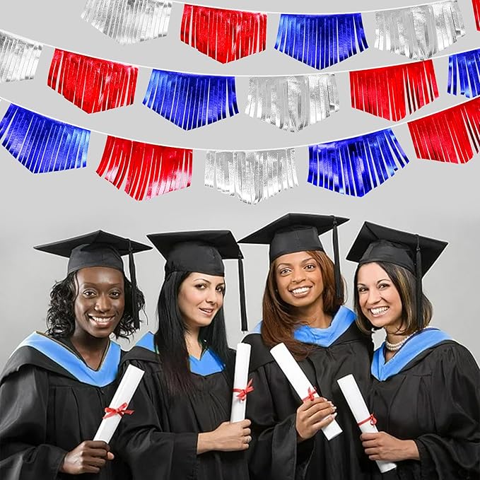 Blue Red Silver Tassel Banner Metallic Fabric Pennant Bunting Flag for 4th of July American USA National Day Patriotic Veterans Graduation Wedding Birthday Retirement Nautical Party Decorations-VerdiqueGarden