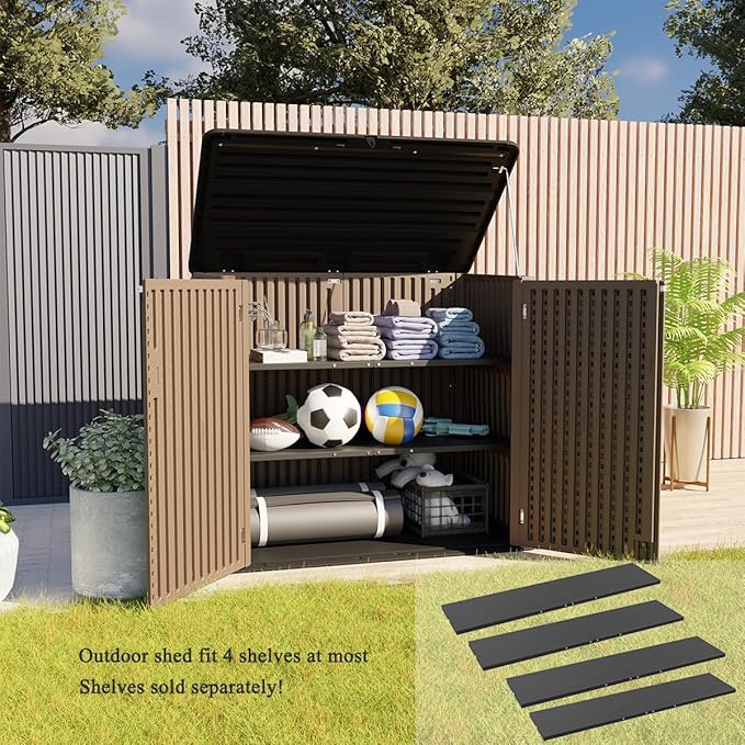 KINYING Larger Outdoor Storage Shed Weather Resistance, Resin Sheds & Outdoor Storage for Garden, Patios, Backyards, 48 Cu.Ft Tool Shed for Garbage Cans, Lawn Mower, Garden Tools,Brown-VerdiqueGarden