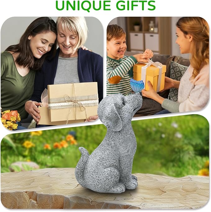 Solar Garden Outdoor Statues Dog with Butterfly Lights, Lawn Decor Puppy Figurine for Patio Balcony Yard, Yard Unique Christmas Birthdays Gift for Mom Grandma-VerdiqueGarden