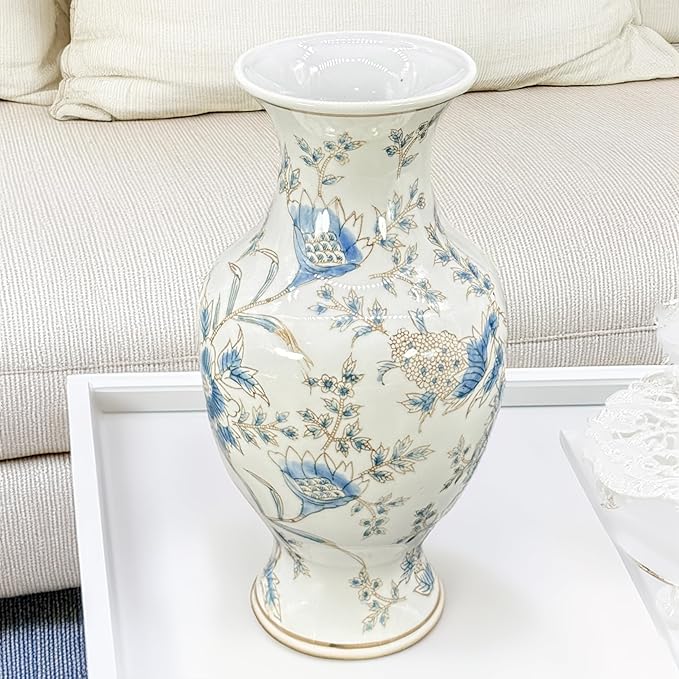 Galt International White & Blue Floral Chinoiserie Ceramic Vase 14" - Hand Painted Antique Style Porcelain Flower Bottle Fishtail Porcelain Chinese Vase for Home Decor Centerpiece-VerdiqueGarden