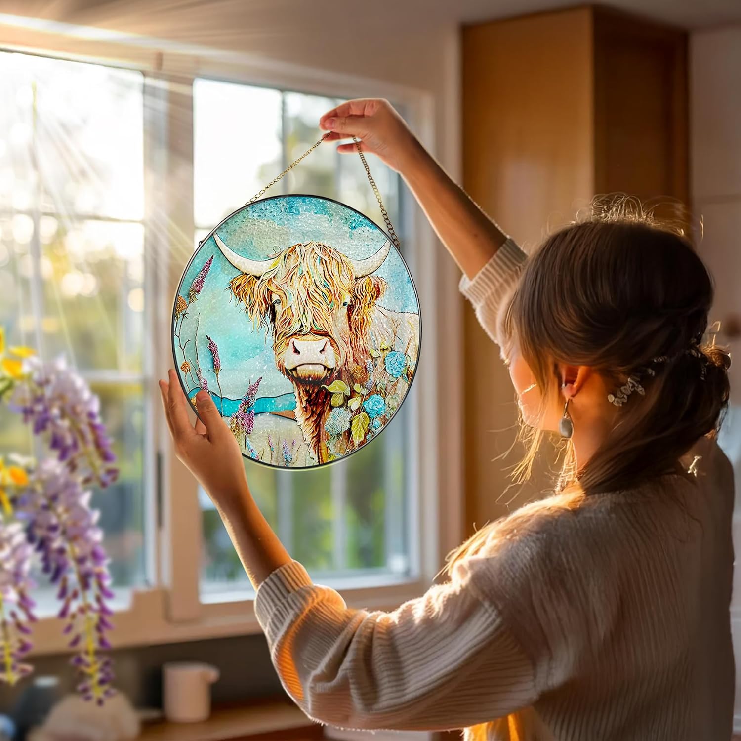 Stained Glass Window Hanging, Stained Glass Suncatcher, Cow Sun Catcher, Window Hanging Decor, Cow Gift, Gifts for Mothers Day or Fathers Day, Christmas or Birthday Gift, Gifts for Her Him-VerdiqueGarden