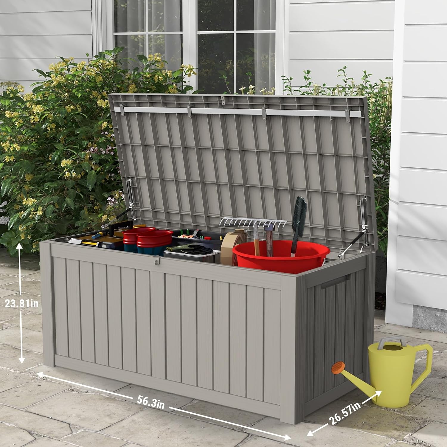 Mars Villa 119 Gallon Outdoor Storage Box, Large Resin Deck Box Waterproof, Storage Bin for Outside Patio Furniture Cushions, Pool Supplies, with Hydraulic Hinge, UV Resistant and Weatherproof, Greige-VerdiqueGarden