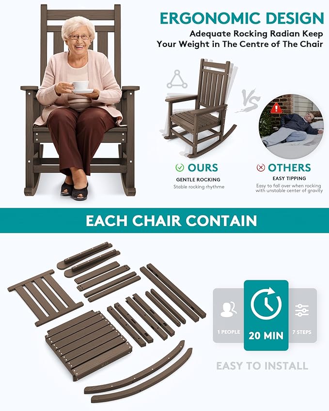 SERWALL Outdoor Rocking Chair Set of 2, HDPE Rocking Chairs for Adult, All Weather Porch Rockers for Lawn Garden, Coffee-VerdiqueGarden