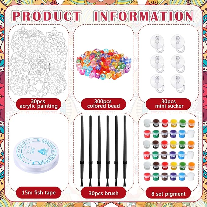 30 Sets Suncatchers Window Art Kits, DIY Sun Catchers Bulk Crafts Paint Your Own Window Ornaments for Boys Girls Classroom Home Party Birthday Activity Decor(Mandala Style)-VerdiqueGarden