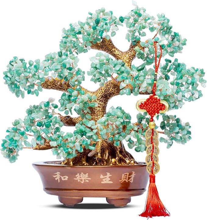 Natural Aventurine (1,251 Gemstone Count) Chakra Crystal Tree with Healing Properties - Home & Office Bonsai Feng Shui Money Tree Decoration for Luck, Success and Intelligence - 14"-VerdiqueGarden