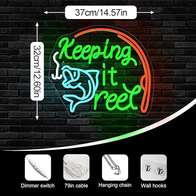 Keeping It Reel Neon Sign Fishing Themed LED Wall Decor for Man Caves, Tackle Shops & Lake Houses, USB-Powered Adjustable Brightness, Angler-Themed Decoration-VerdiqueGarden
