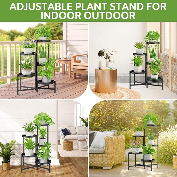 iDavosic.ly 5 Tier Large Plant Stand Indoor with 10 Inch Wide Tray, Tiered Corner Metal Outdoor Flower Display Holder Shelf, Folding Tall Rack for Patio Porch Living Room, Modern Black-VerdiqueGarden