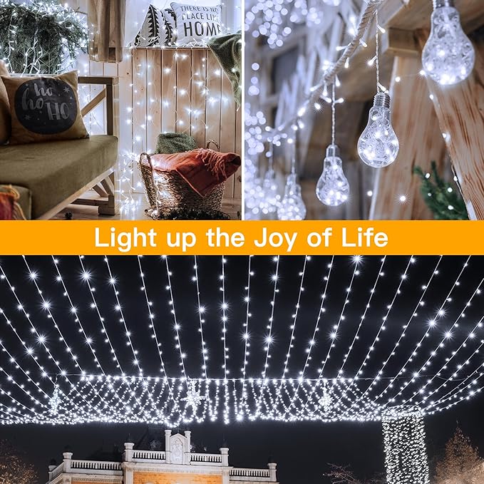 Ollny Outdoor String Lights 200LED 60FT, Cool White Connectable Plug in Fairy Light, 8 Modes Waterproof Timer Christmas Lights for Indoor Outside Bedroom House Party Wedding-VerdiqueGarden