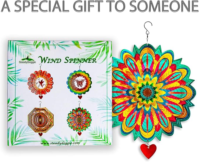 SteadyDoggie Wind Spinner Mandala Flame 12 inches - 3D Stainless Steel - Laser Cut Metal Art Geometric Pattern - Yard Spinners Outdoor - Hanging Wind Spinner, Kinetic Yard Art Decorations-VerdiqueGarden