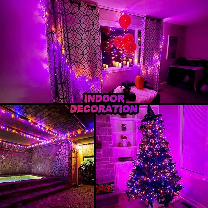JMEXSUSS 33 FT 100 LED Halloween String Lights Indoor, Orange and Purple Halloween Lights Clear Wire, 8 Modes Outdoor Waterproof Christmas String Light Plug in-VerdiqueGarden