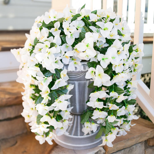 Bougainvillea Artificial Hanging Flowers Plants for Outdoors Decoration, 2pcs Fake Flowers Silk Bougainvillea Vines Realistic UV Resistant Faux Flowers for Outdoor Planters Patio Urn, White-VerdiqueGarden