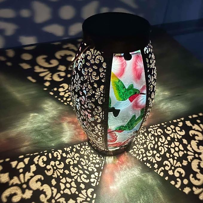 Hummingbird Solar Lanterns Glass & Metal Hanging Lantern Outdoor Waterproof 16" H Tabletop Light with Hollowed-Out Design for Garden Patio Table Decor Mother's Day Gift-VerdiqueGarden