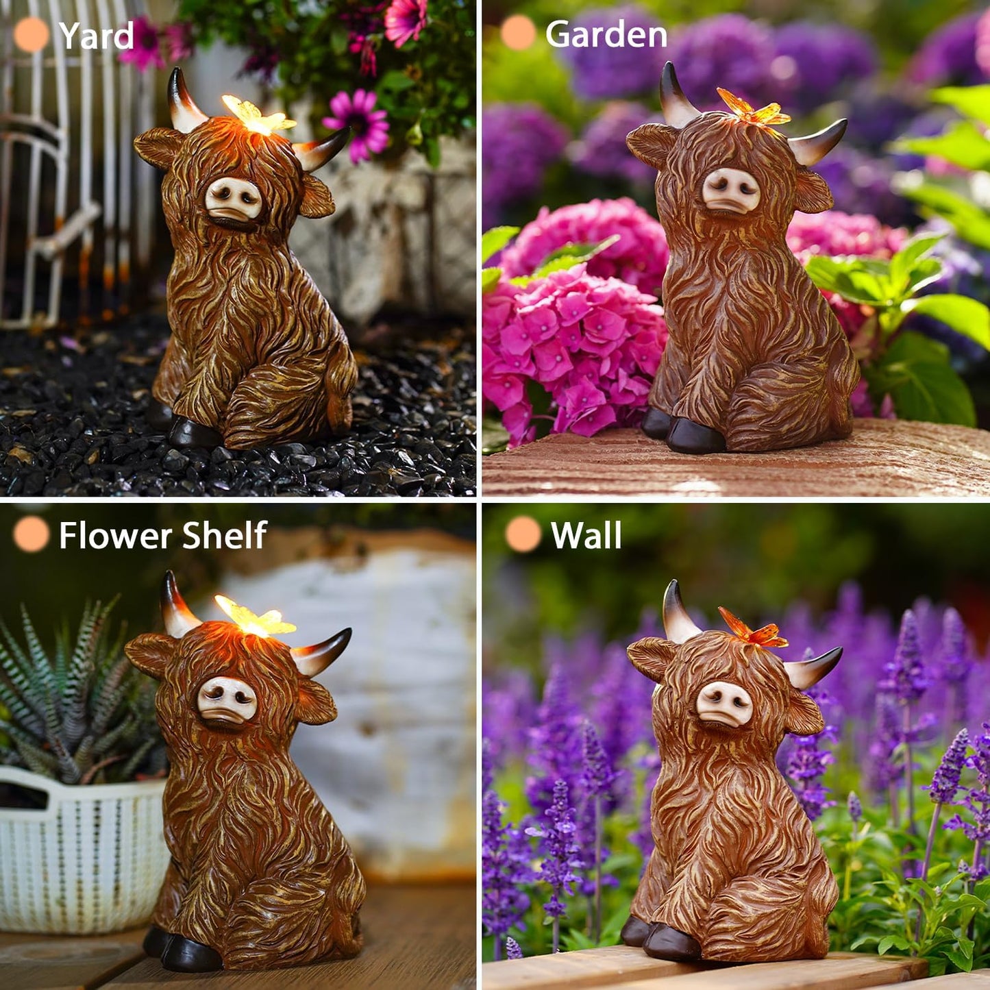 Solar Garden Statue Highland Cow Figurine – Outdoor Decoration with Butterfly for Garden Yard Lawn Home Decor Outside : Unique Gifts for Mom Grandma-VerdiqueGarden